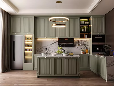 Stylish Sage Green Kitchen With Central Island Marble Backsplash Built In Cabinets And Premium Appliances 3d model