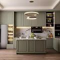 Stylish Sage Green Kitchen With Central Island Marble Backsplash Built In Cabinets And Premium Appliances