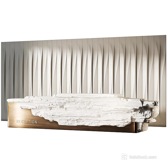 Modern Store Reception Desk With White Stone Design And Textured Vertical Wall 3d model 