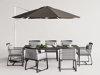 Outdoor Patio Table and Chair Set with Large Brown Umbrella for Dining Area 3d model