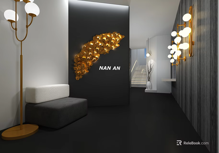 Modern Exhibition Hall Interior With Golden Decor Black Wall Gray Sofa And Modern Lighting 3d model 