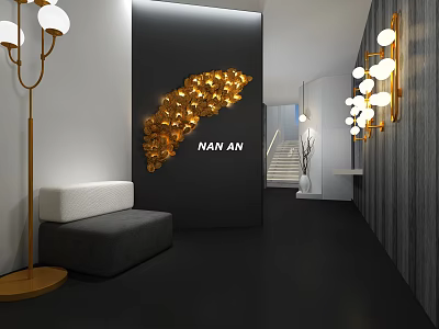 Modern Exhibition Hall Interior With Golden Decor Black Wall Gray Sofa And Modern Lighting 3d model