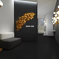 Modern Exhibition Hall Interior With Golden Decor Black Wall Gray Sofa And Modern Lighting