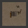 Wooden Cabin Scene With Sandy Ground Wheelbarrow Barrels Crates And Bench