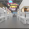 Vibrant Food Court Interior With Neon Signs Shop Counters And Menu Displays
