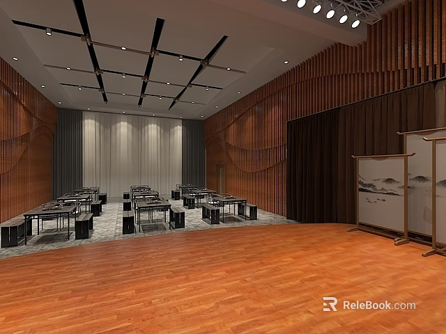 Elegant Cinema Interior With Wooden Walls Arranged Seats And Decorative Paintings 3d model 