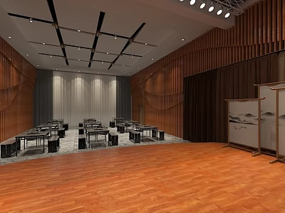 Elegant Cinema Interior With Wooden Walls Arranged Seats And Decorative Paintings 3d model