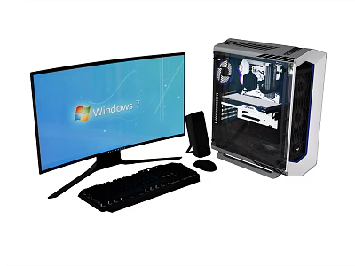 Desktop Computer Setup With Curved Monitor Windows 7 Display Transparent Case Keyboard And Mouse 3d model