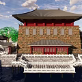 Traditional Chinese Garden Courtyard With Black Roof Green Trees And Paved Ground