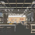 Book Art Workshop Interior With Long Tables Stools Bookshelves And Display Wall