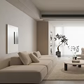Modern Minimalist Living Room With Beige Sofa Round Coffee Table Floor Plant And Floor-to-Ceiling Windows