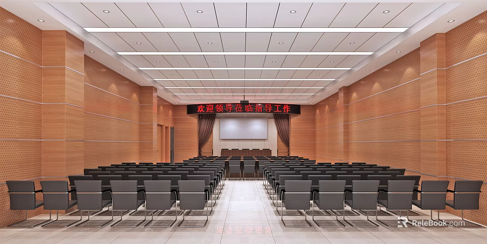 Spacious Formal Conference Room With Wooden Walls Arranged Chairs And Large Screen 3d model 