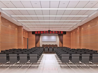 Spacious Formal Conference Room With Wooden Walls Arranged Chairs And Large Screen 3d model