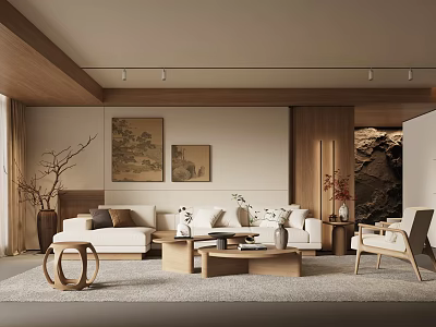 Minimalist Living Room With Wooden Elements White Sofa Coffee Table Decorative Paintings And Branch Decor 3d model