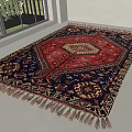 Traditional Square Rug With Intricate Red And Blue Patterns And Tassel Edges