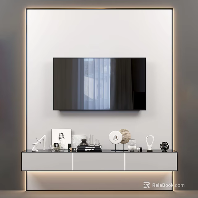 Minimalist TV Wall Design with Mounted TV and Decorative Console Table Ornaments 3d model 