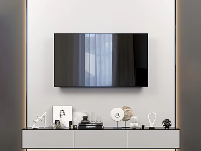 Minimalist TV Wall Design with Mounted TV and Decorative Console Table Ornaments 3d model