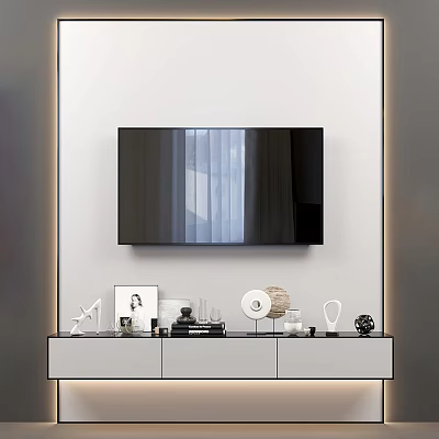 Minimalist TV Wall Design with Mounted TV and Decorative Console Table Ornaments 3d model