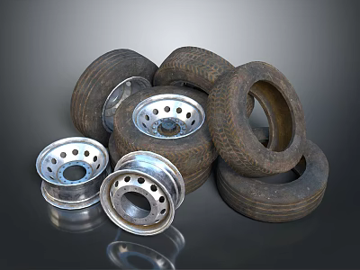 Multiple Old Car Tires With Metal Rims Stacked On Dark Background Surface 3d model