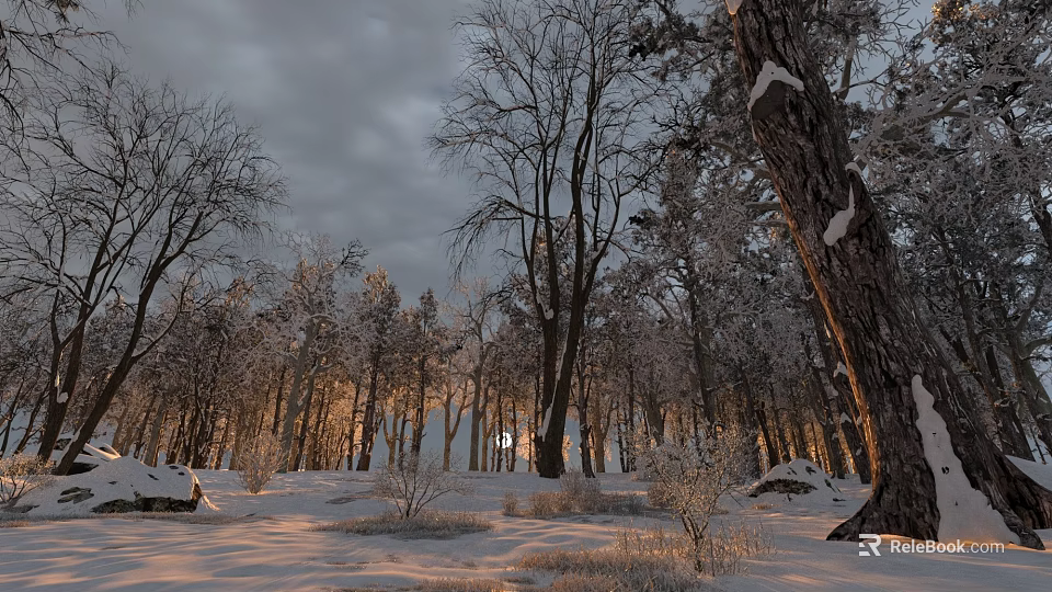 Serene Winter Forest Landscape With Snow Covered Trees And Sunlit Snowy Ground 3d model 