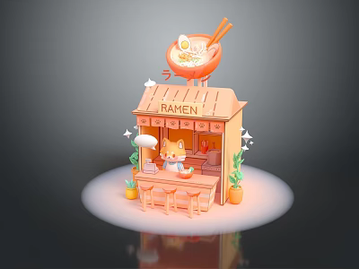 Ramen Shop Commercial Equipment With Wooden Stall Display Window Chef Counter And Tables Chairs 3d model