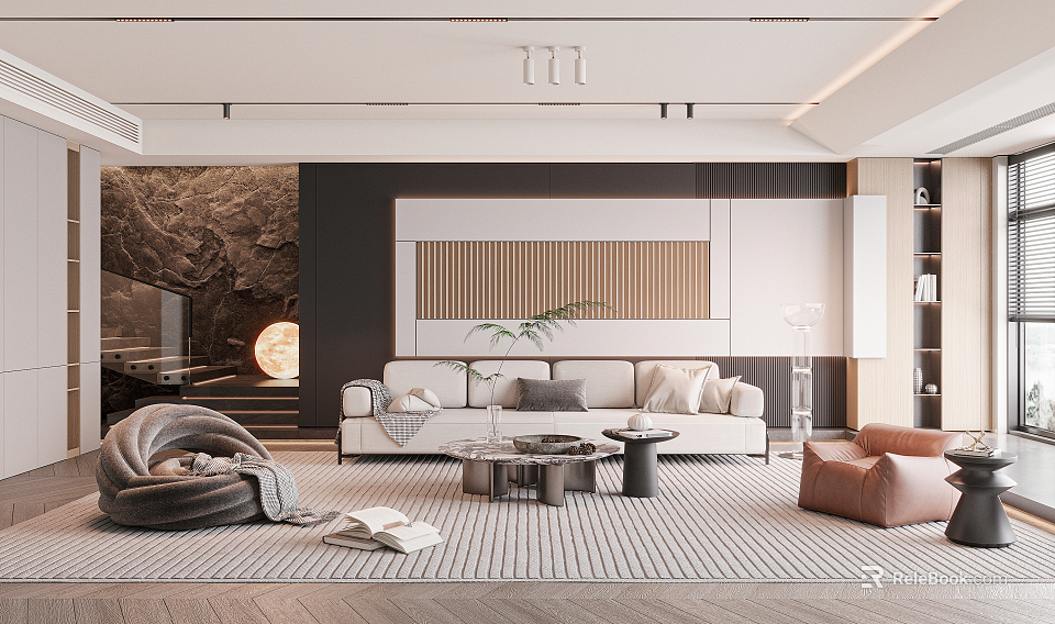 Modern Living Room Interior With White Sofa Striped Rug And Stone Accent Wall 3d model 