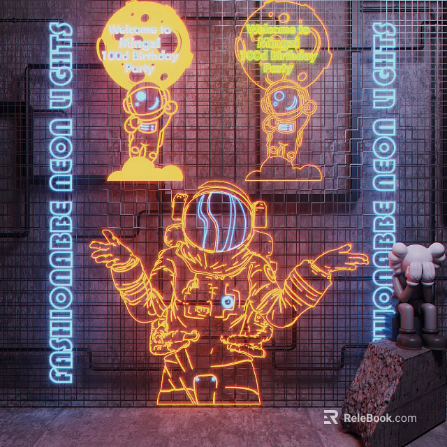 Neon Decorative Lights Featuring Astronaut Design On Grid Background With Ornaments 3d model