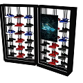 Retail Display Shelves with Multiple Layers Holding Various Colored Shoes and Central Poster