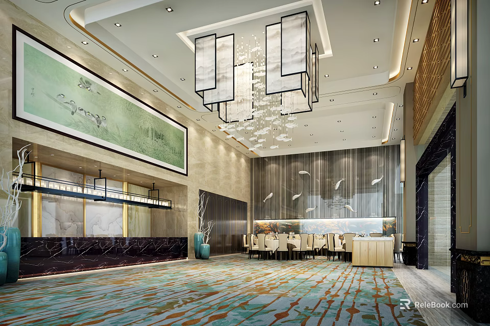 Hotel Lobby Design Featuring Modern Chandelier Large Decorative Painting And Marble Elements 3d model 