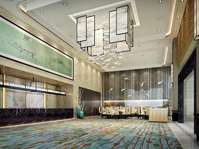 Hotel Lobby Design Featuring Modern Chandelier Large Decorative Painting And Marble Elements 3d model