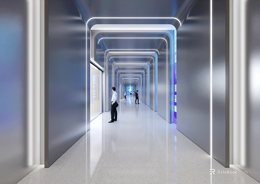 Modern Elevator Hallway With Sleek Metallic Walls Illuminated LED Stripes And Smooth Flooring 3d model 