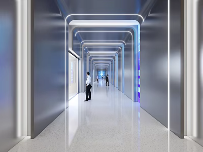 Modern Elevator Hallway With Sleek Metallic Walls Illuminated LED Stripes And Smooth Flooring 3d model