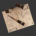 Vintage Business Equipment Including Telescope Binoculars On Detailed Antique Map