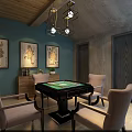 Clubhouse Mahjong Room With Turquoise Walls Wooden Ceiling Framed Paintings And Geometric Chandeliers