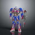 Optimus Prime Game And Movie Character With Blue Red Silver Mechanical Design Holding Weapon