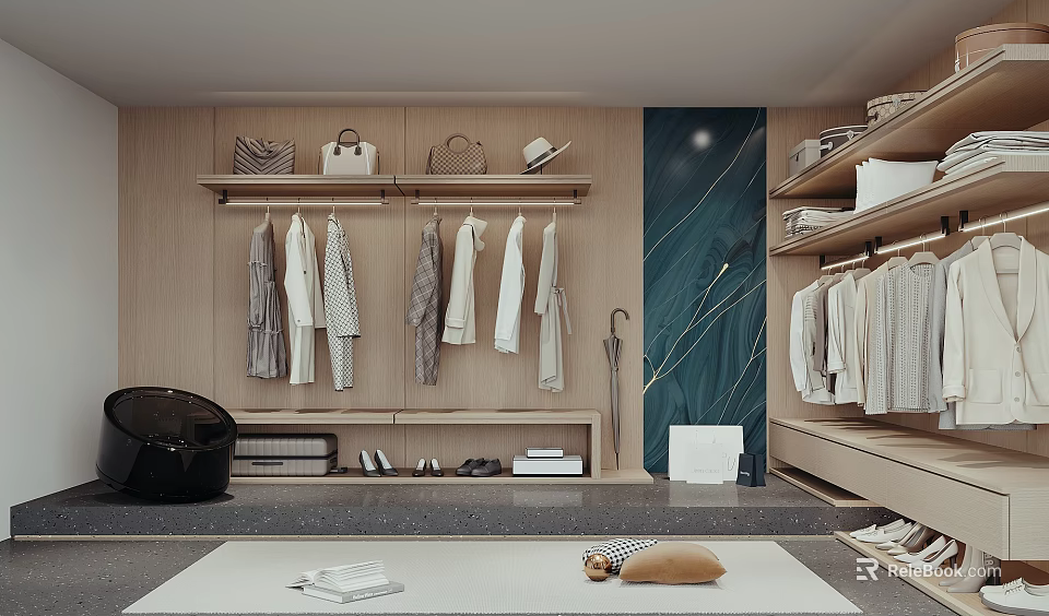 Modern Walk in Closet Interior Design With Hanging Garments Handbags And Shoe Racks 3d model 
