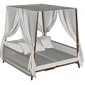Outdoor Double Bed With White Canopy Curtains Wicker Frame And White Cushions