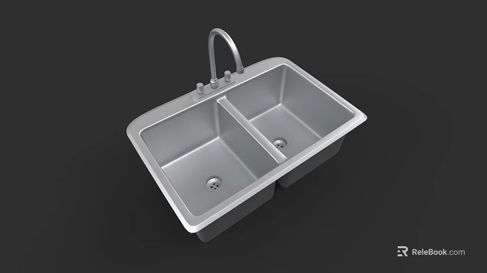 Durable Stainless Steel Double Bowl Kitchen Sink With Faucet Modern Practical Design 3d model 