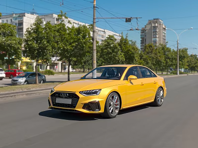 Yellow Audi Sedan Driving On City Street With Trees And Buildings 3d model