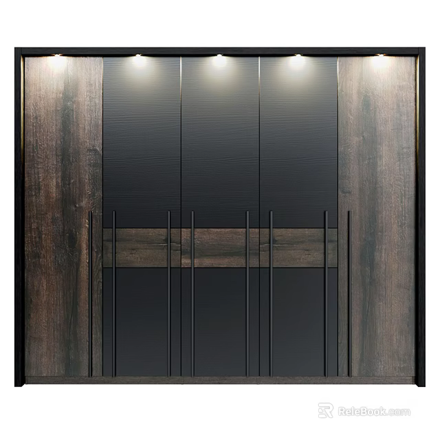 Modern Wardrobe Design With Wooden Structure Black Sliding Panels And Top Lighting 3d model 