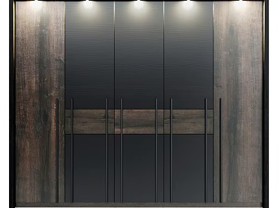 Modern Wardrobe Design With Wooden Structure Black Sliding Panels And Top Lighting 3d model