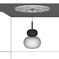 Modern Black And White Pendant Light With Two Spherical Shades Hanging From Ceiling Medallion