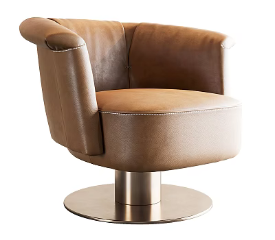 Brown Leather Accent Chair with Curved Armrests Swivel Metal Base for Modern Living Room Decor 3d model