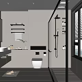 Modern Bathroom Interior With Double Sinks Large Mirror Shower Area Wall Shelves And Window Blinds