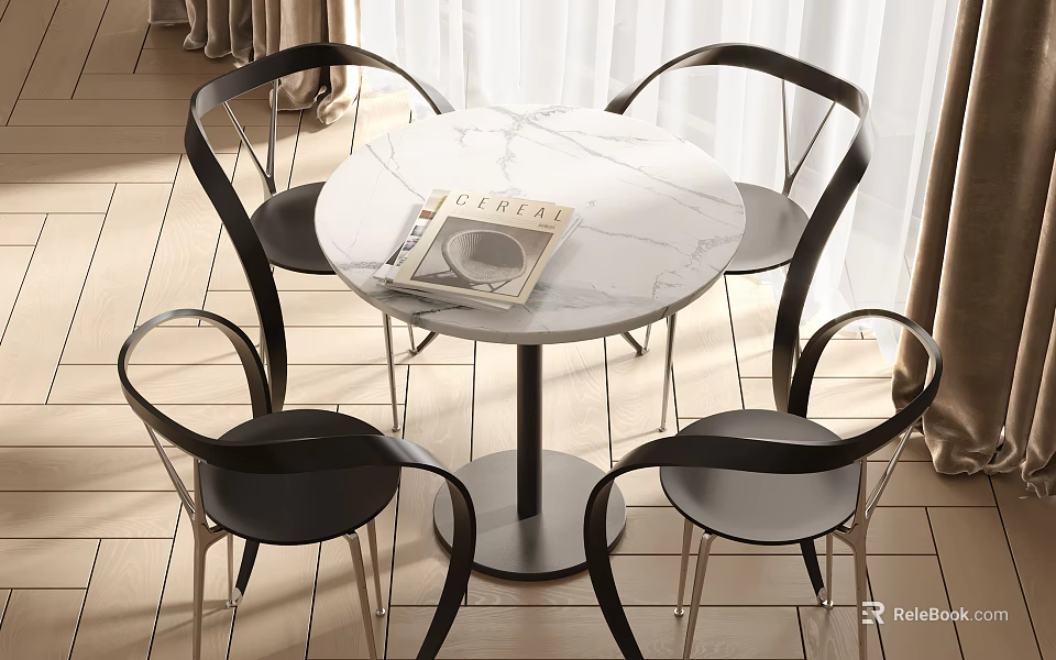 Modern Round Dining Table Set With Marble Top And Black Metal Leg Chairs 3d model 