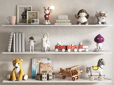 Stylish Decorative Ornament Set with Toys Books Figurines and Wooden Models on White Shelves 3d model