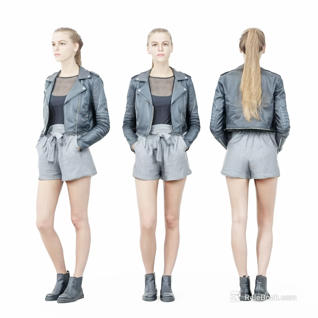 A Woman Wearing Gray Shorts Leather Jacket And Black Shoes From Front Side Back Views 3d model 