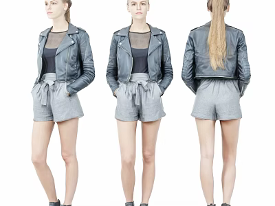 A Woman Wearing Gray Shorts Leather Jacket And Black Shoes From Front Side Back Views 3d model