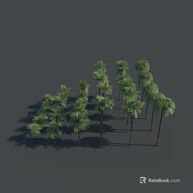 3D Model Palm Trees With Different Heights Green Foliage And Arranged Formation 3d model 