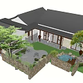 Tranquil Courtyard Garden with Stone Wall Winding Gravel Path Green Bushes and Trees